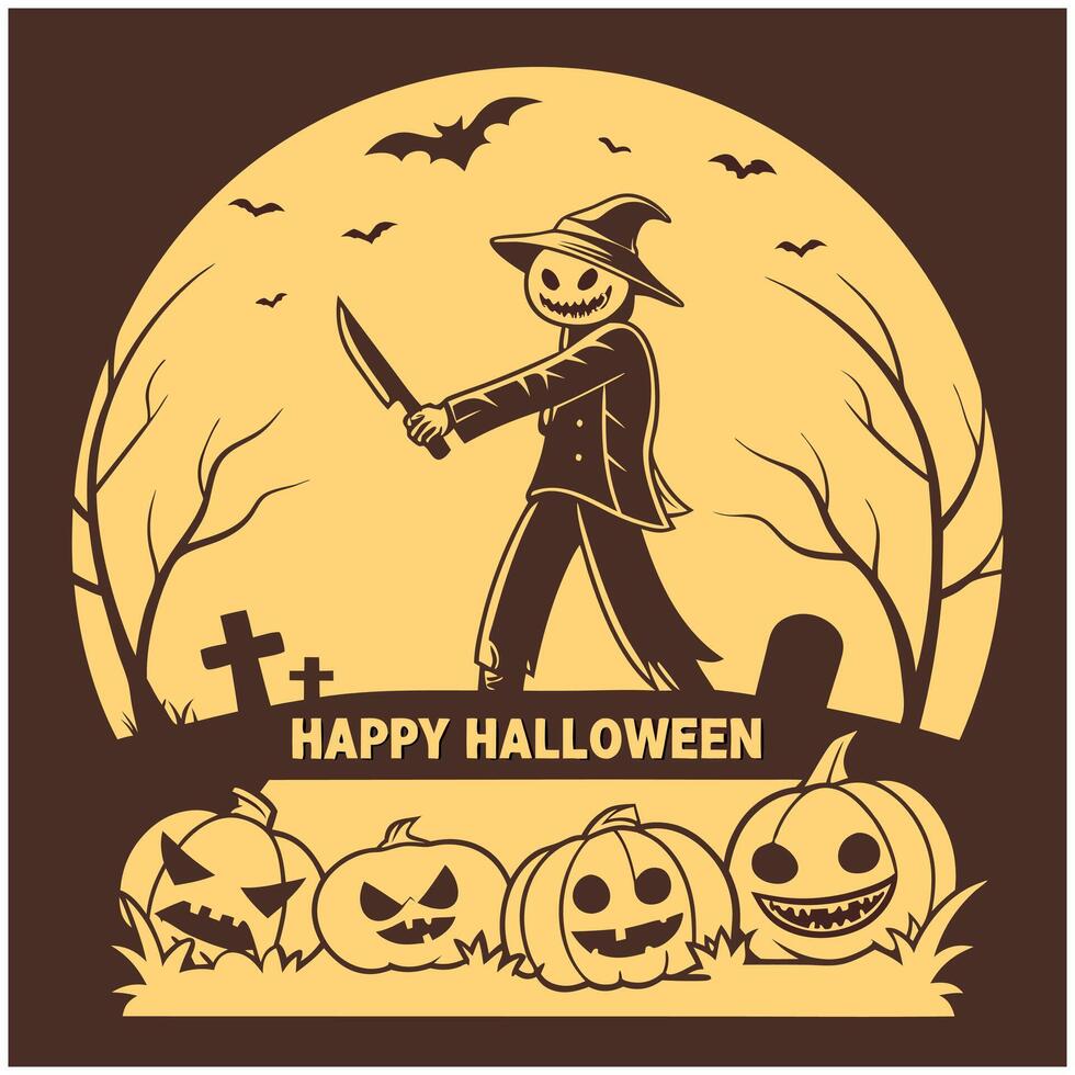 Happy Halloween Scarecrow Pumpkin Moon Design vector