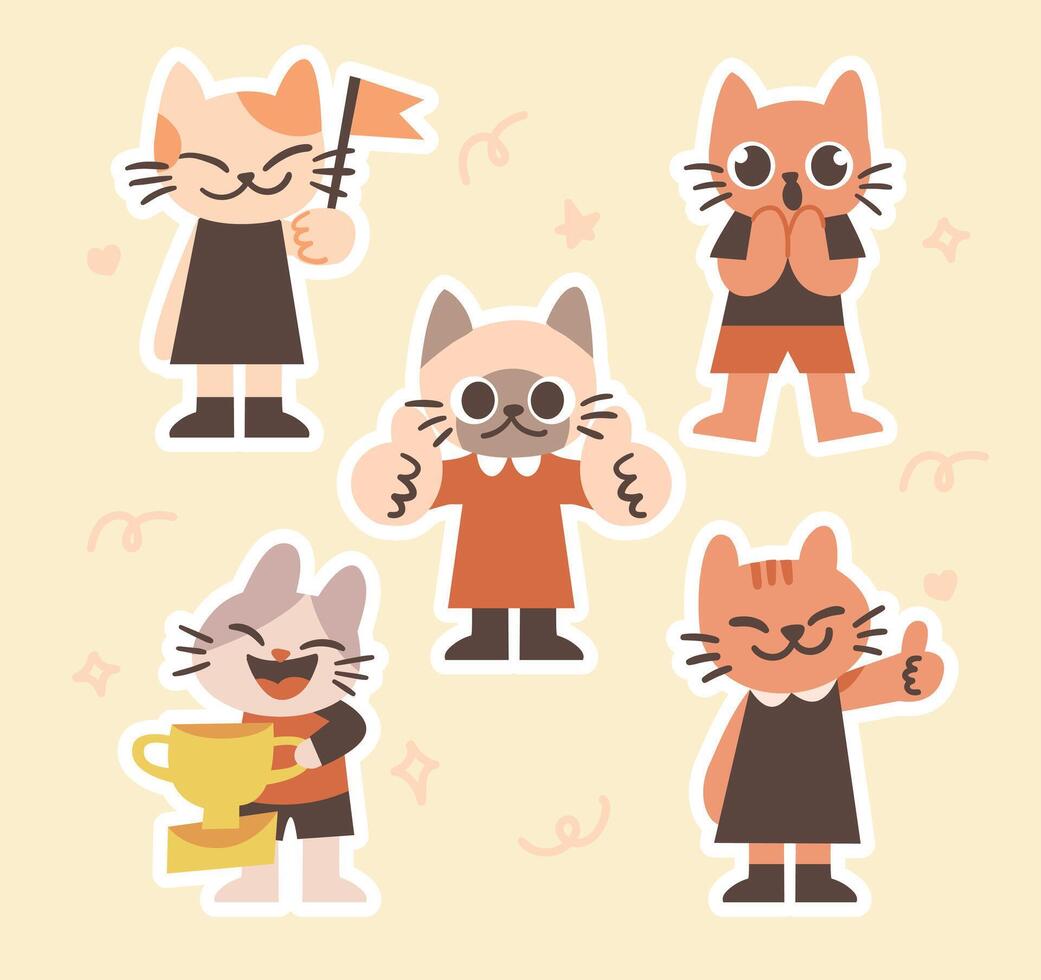 Adorable Cat Sticker Collection with Uplifting Poses and Heartwarming Expressions vector