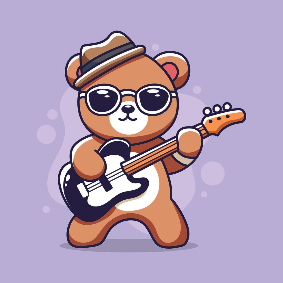 Cute teddy bear in sunglasses with guitar. illustration. vector