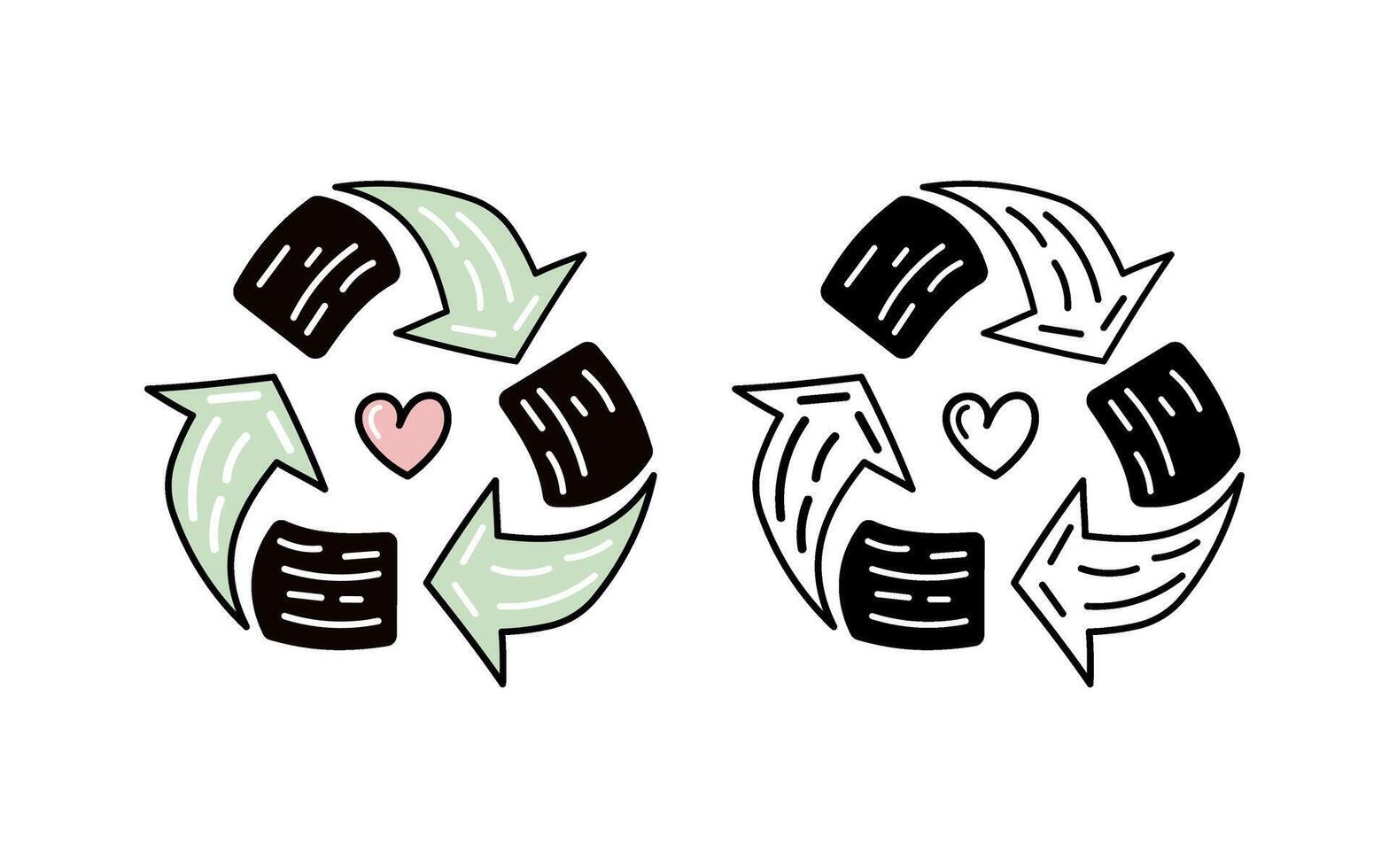Recycling symbol with heart, eco-friendly concept in doodle style vector