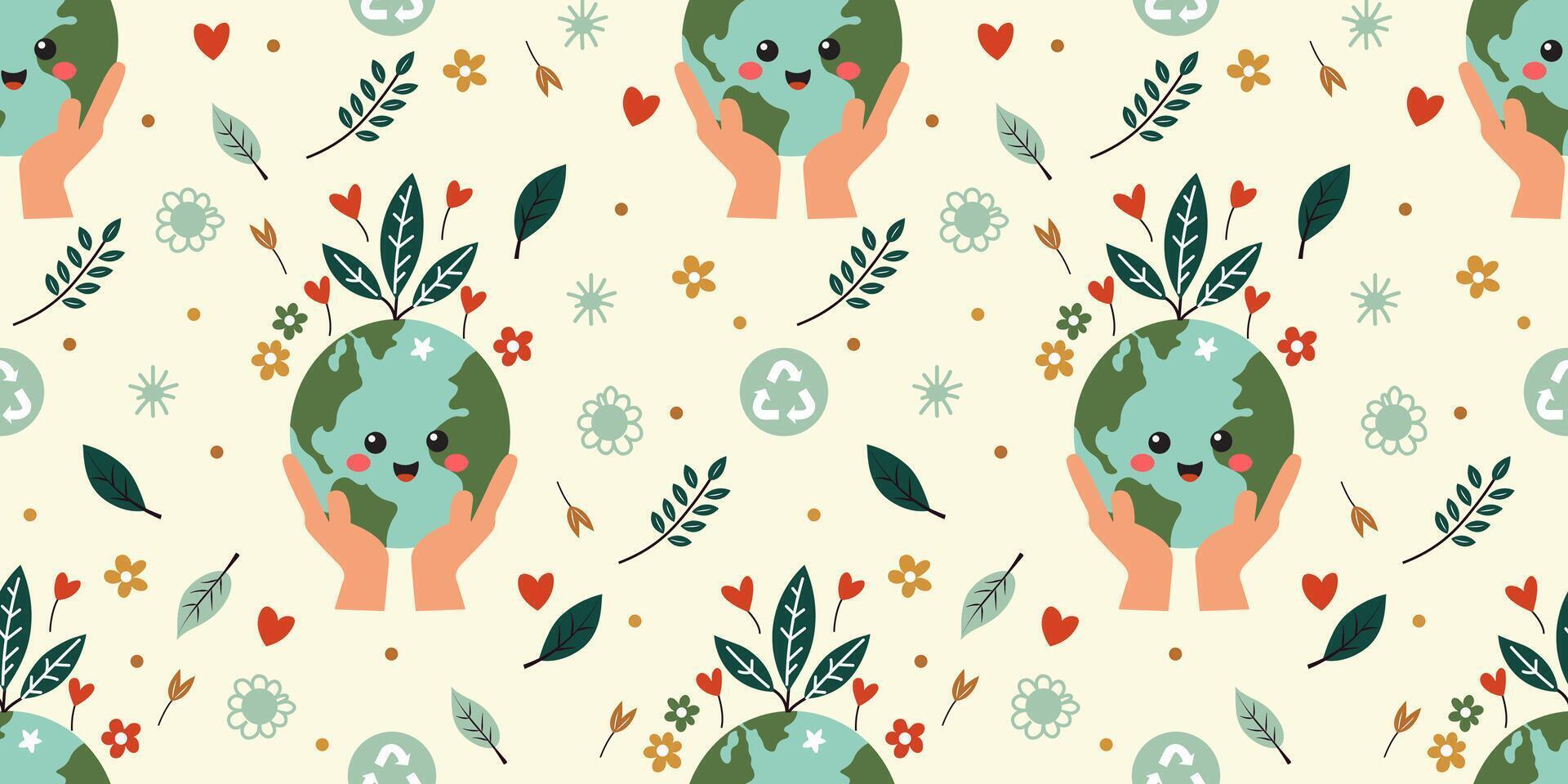Cute Earth Day illustration with smiling earth, plants, and hearts in a seamless pattern. vector