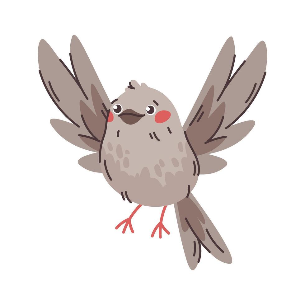 Gray flying bird in flat style. Bird wings, gray feathers. Drawing spring bird, isolated illustration vector