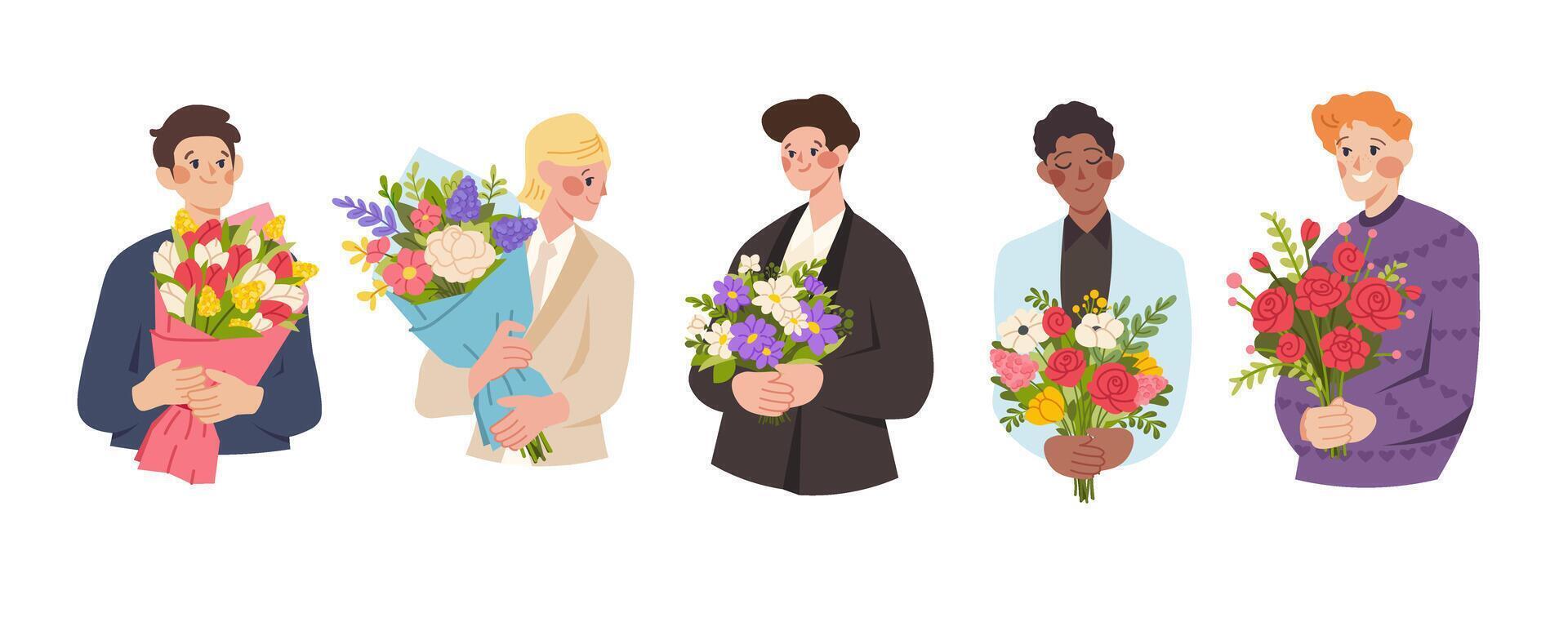 Man with bouquet of flowers. Man holding flowers. Gift for Women's Day, lovers, spring flowers. elements for greeting card vector