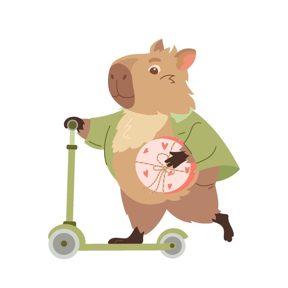 Cartoon capybara rushes on scooter. Happy exotic animals, cute biggest rodents with love emotions Valentines love day. Flat design elements for card, packaging, fabrics, flyers vector