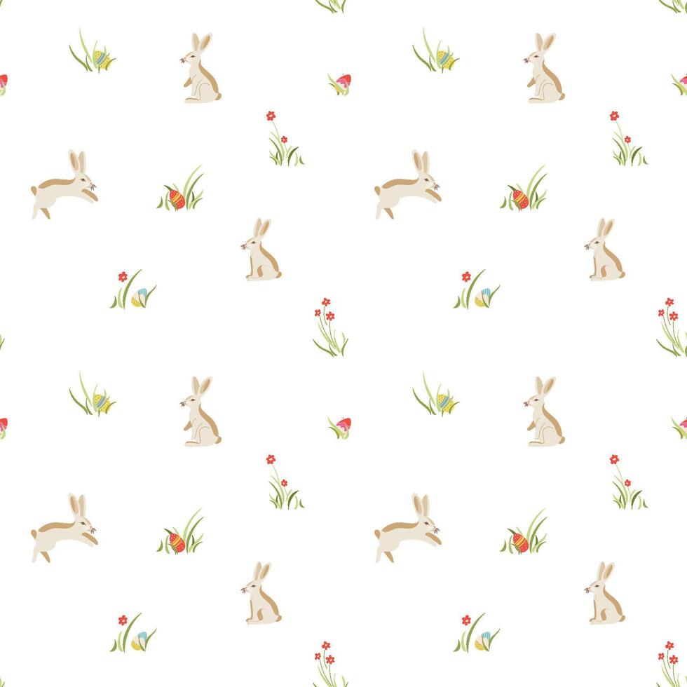 Easter seamless pattern with bunnies and decorative eggs in flower meadow on transparent background. Lovely hand drawn repeat design with cute doodle eggs, great for textiles, banners, wallpaper, card vector