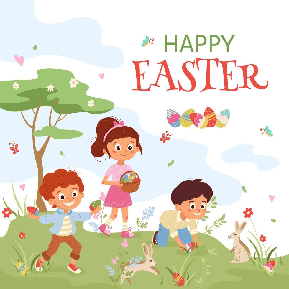 Joyous Easter card with children and bunnies. Vibrant design with boy and girl characters, perfect for print, party invites, flyers, banners and post. Capturing excitement of an Easter egg hunt vector
