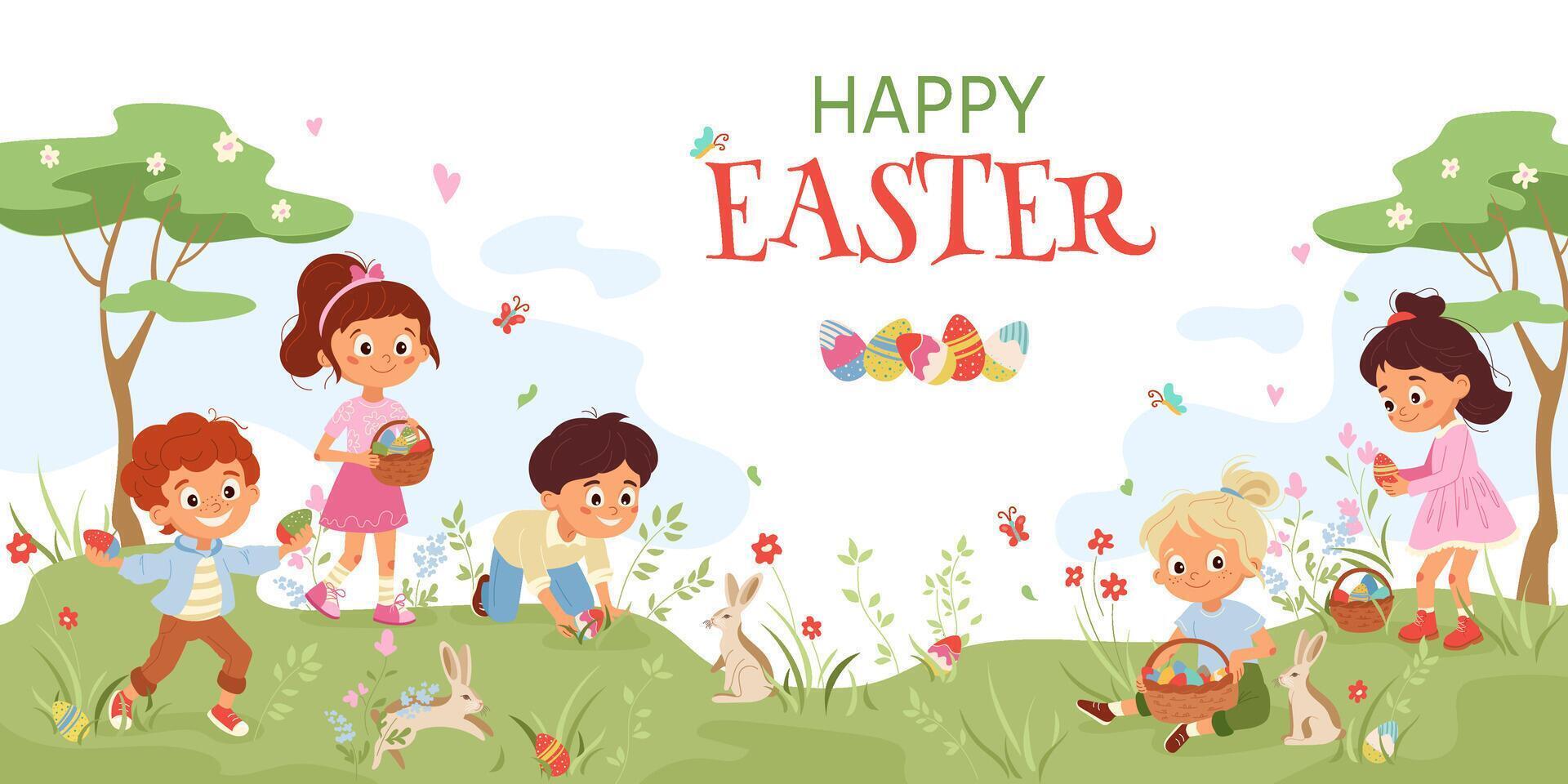 Happy Easter holiday banner with children and bunny templates with boy and girl characters Cute cartoon kids design for print, party invitation, flyer, banner, cover Festive Easter eggs hunting vector