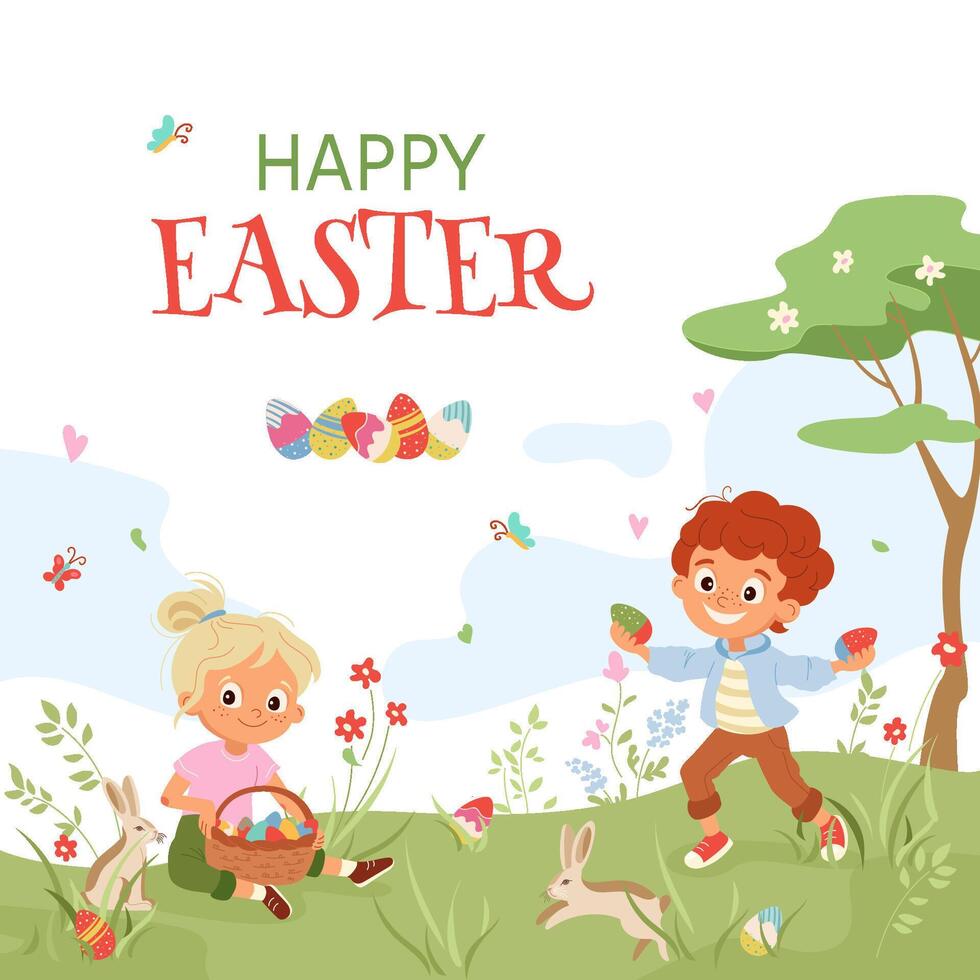 Cheerful Easter card with kids and bunnies. Colorful design with boy and girl characters, ideal for print, invitations, flyers, banners and posts. Celebrating festive fun of an Easter egg hunt vector