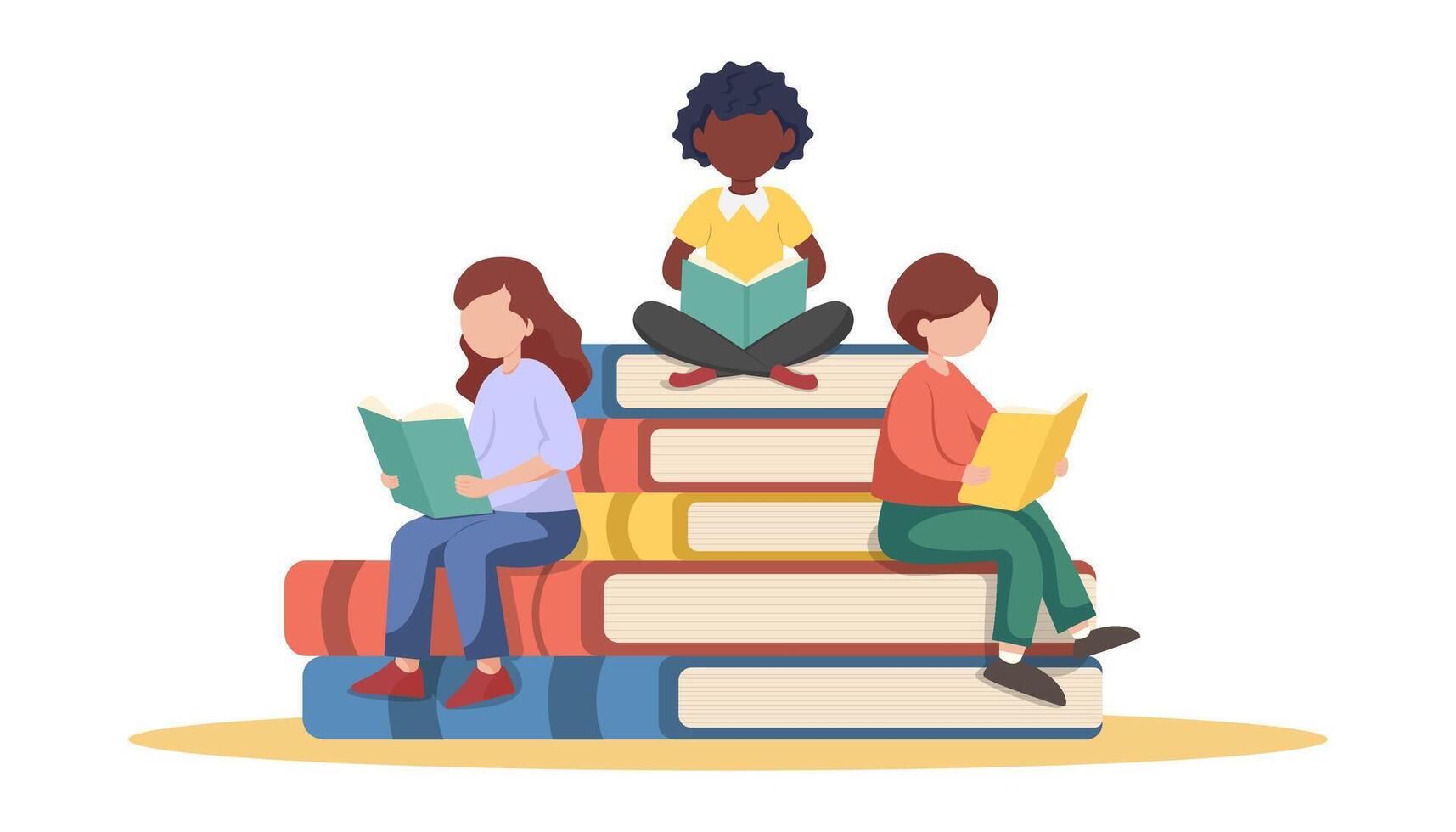 People reading books on a stack of colorful books, flat style, white background. Concept of education, literacy, knowledge vector