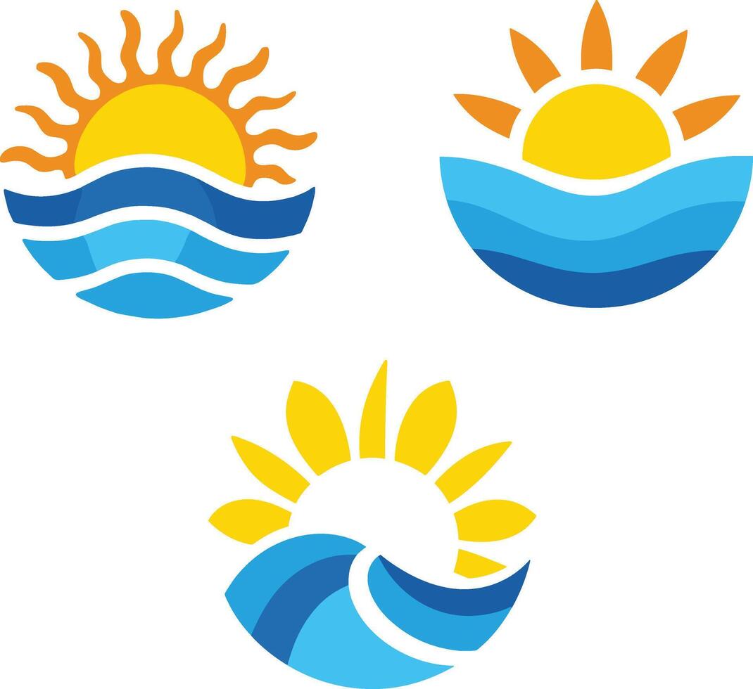 Three suns and waves in the ocean. The suns are yellow and the water is blue vector