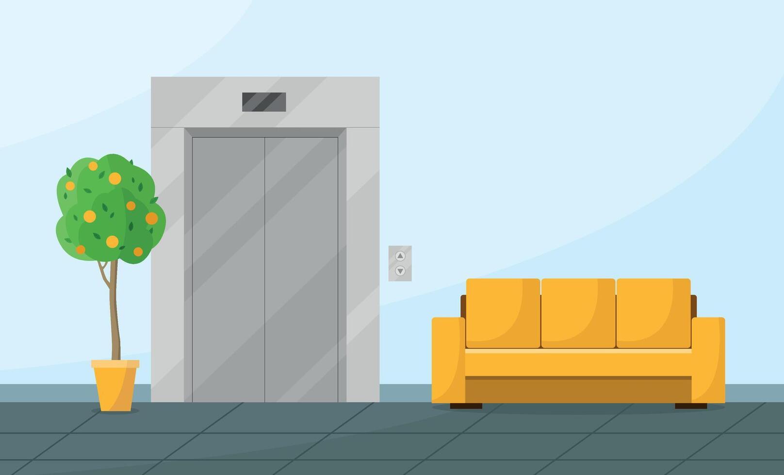 Interior of a hall with an elevator, a sofa and an orange tree. Hall of an office, a medical center. vector