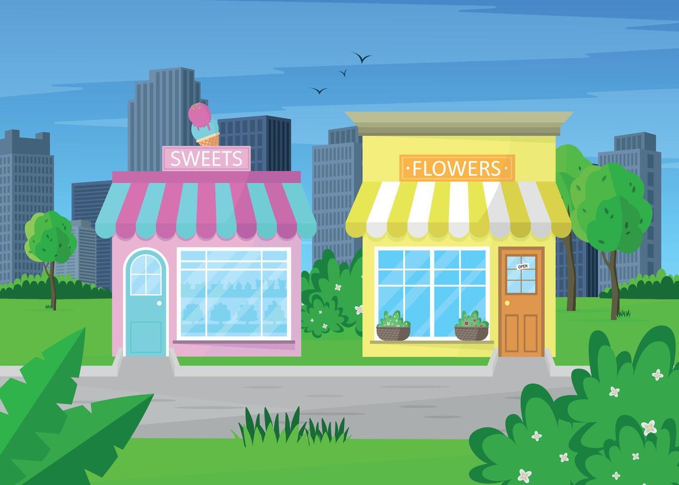 The facade of a flower and sweets shop in a park against the backdrop of buildings. vector