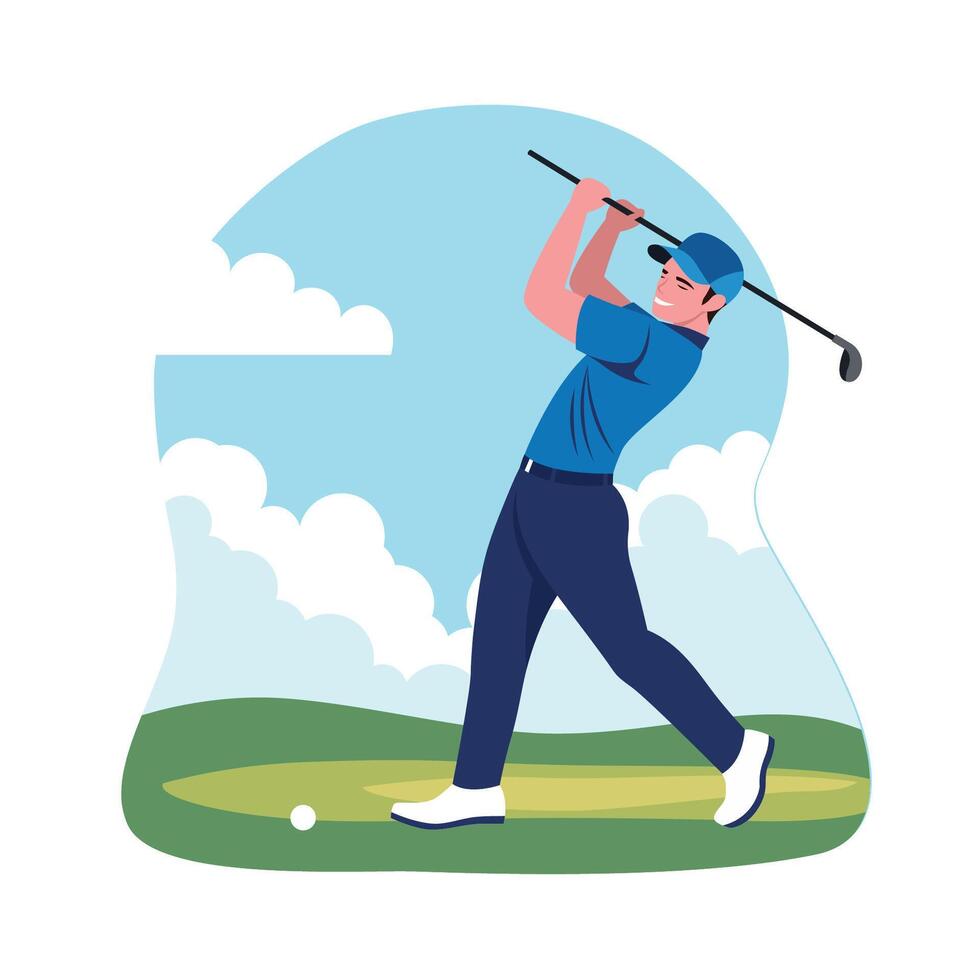 Male Golfer Player Character Playing Golf on the Sport Field in Bright Sky vector