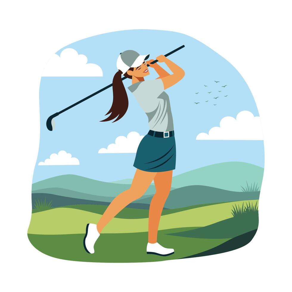 Woman Golfer Player Cartoon Character Playing Golf Sport on the Field in Bright Sky vector