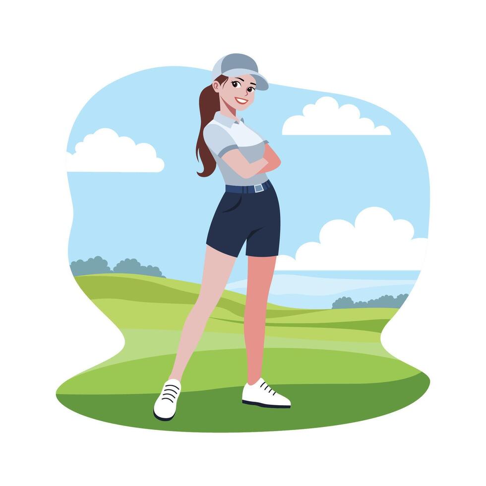 Girl Golfer Player Character Wearing Cap Standing on the Golf Field vector