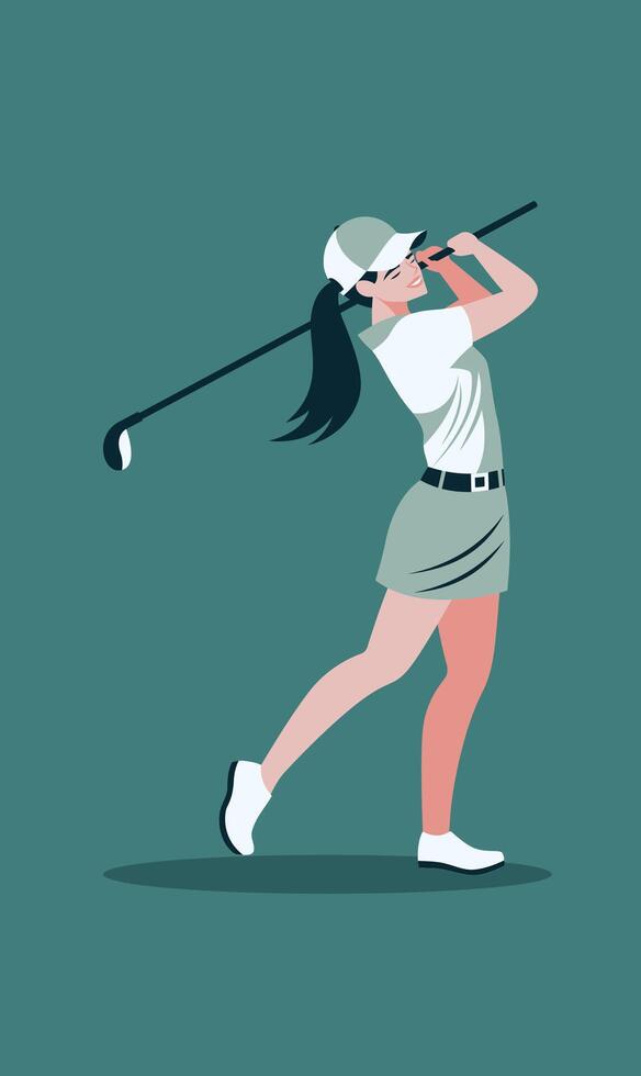 Flat Design Illustration of Female Golfer Player Character Swinging Golf Stick vector