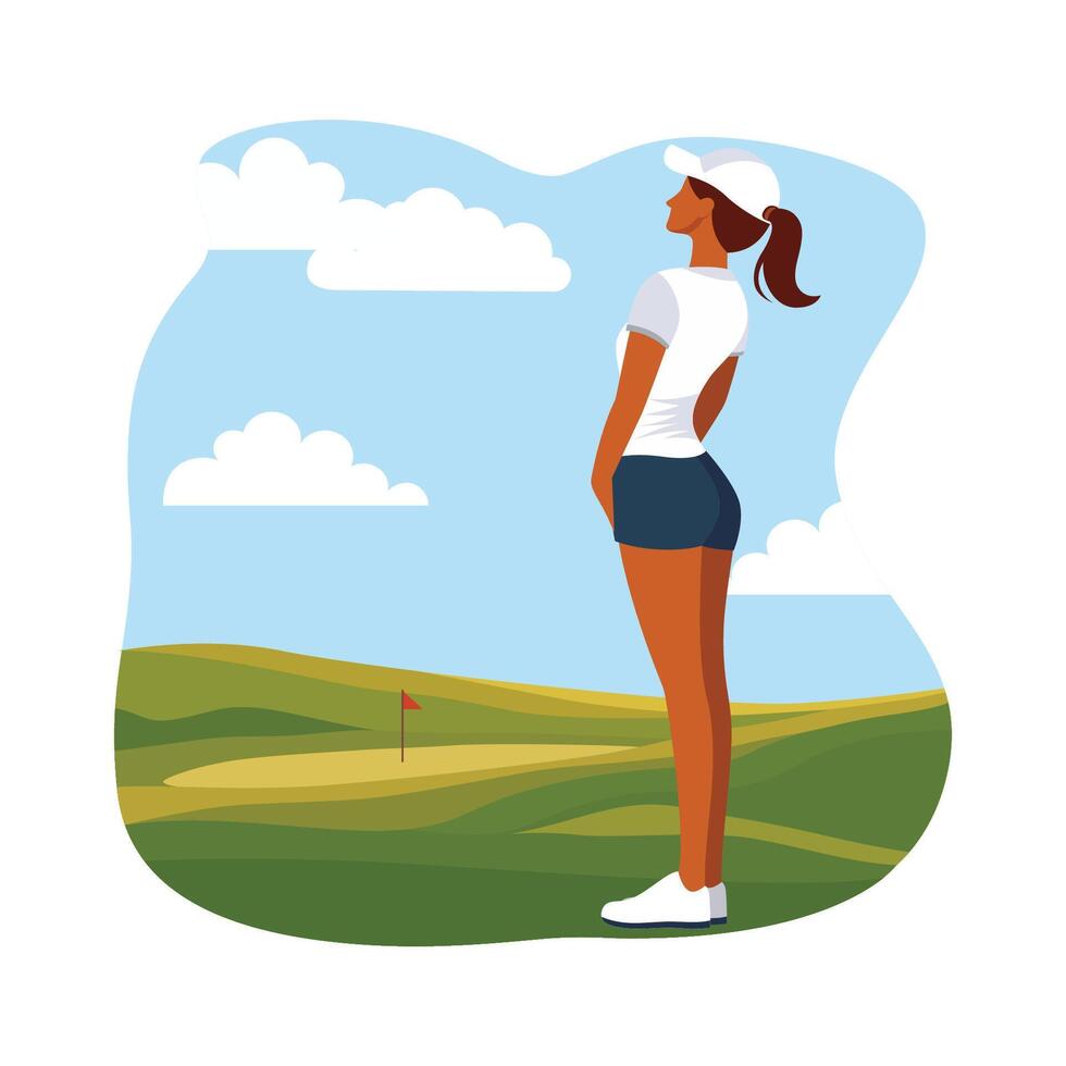 Woman Golfer Player Character Wearing Hat Standing on the Golf Field vector