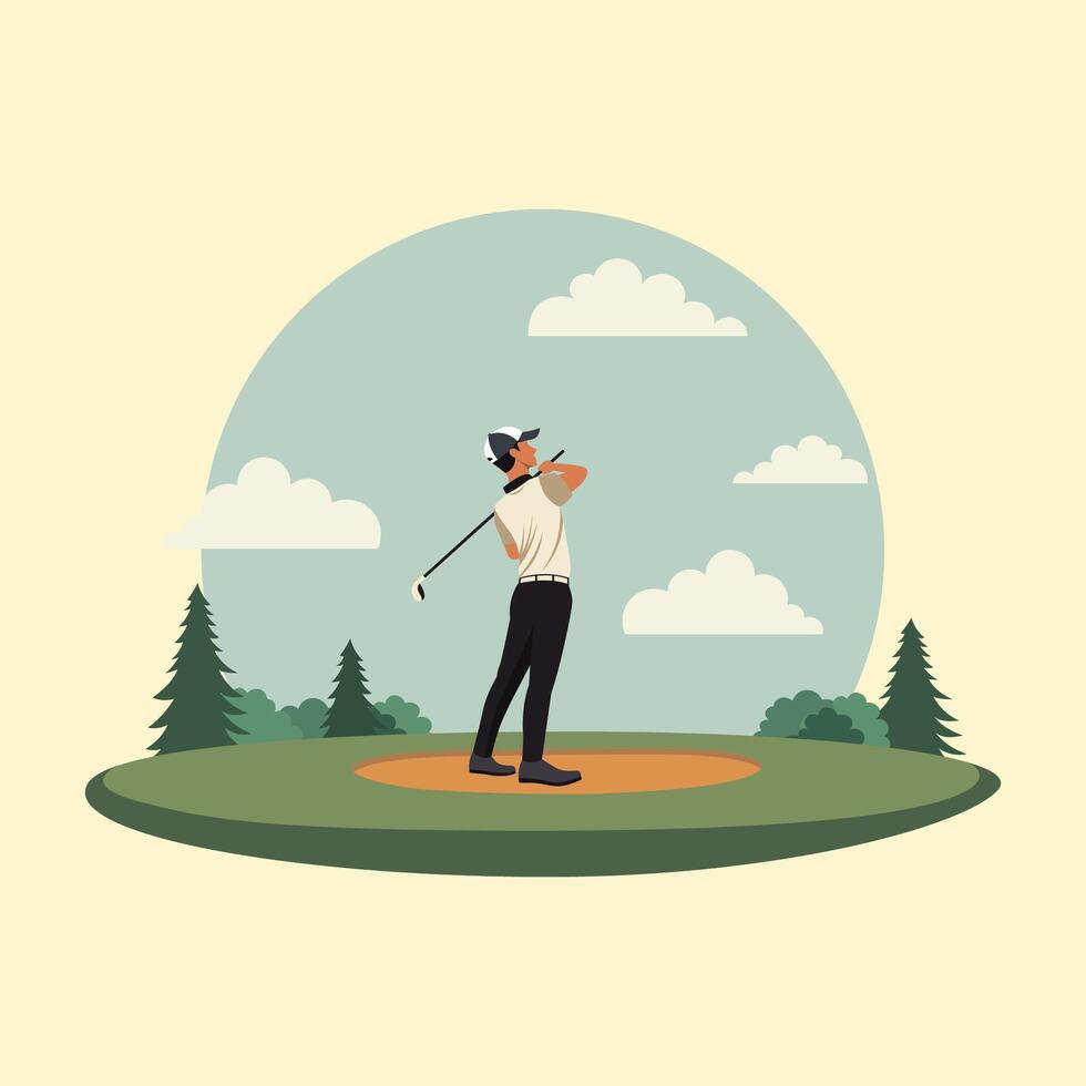 Man Golfer Player Character Playing Golf Sport on the Field View Landscape vector