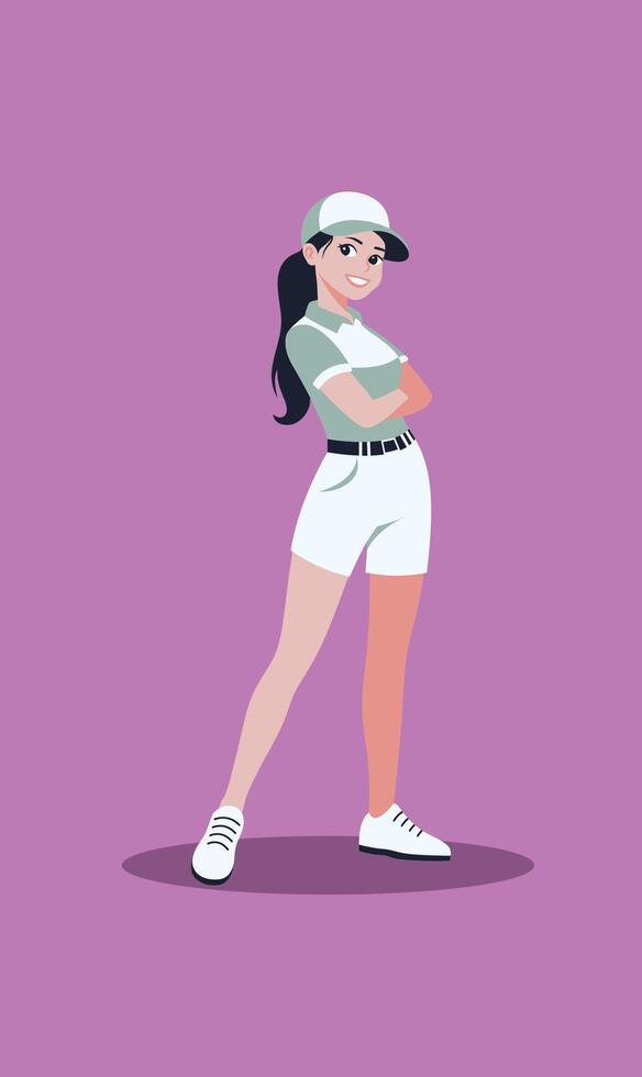 Flat Design Illustration of Woman Golfer Golf Player Character Standing Wearing Hat vector