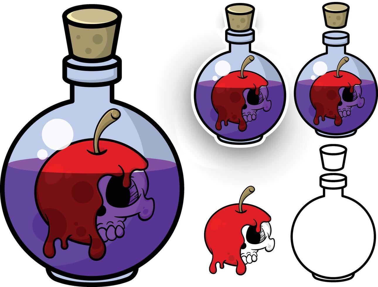 a cartoon skull and an apple in a bottle vector