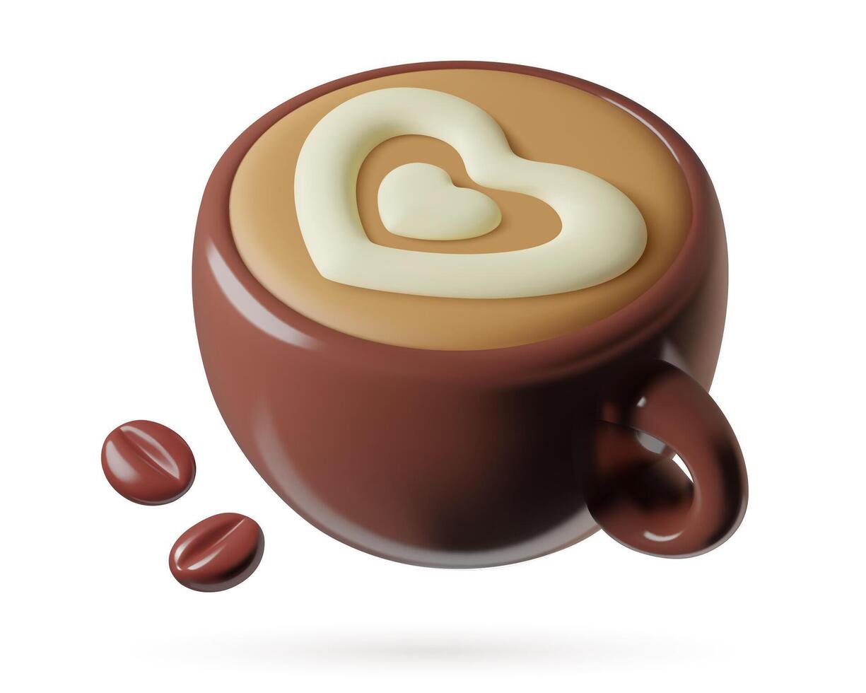 Cappuccino cup cute 3d icon with cream heart latte art and coffee bean vector