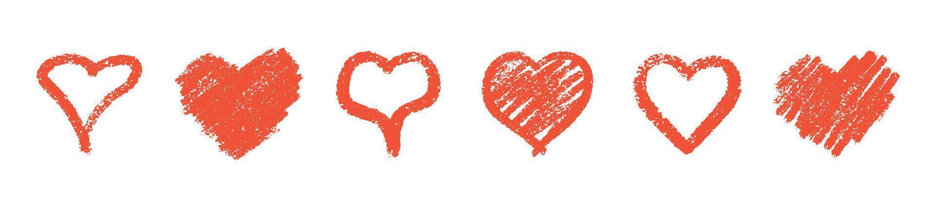 Red crayon heart collection with textured effect - hand drawn romantic shapes in sketchy style vector