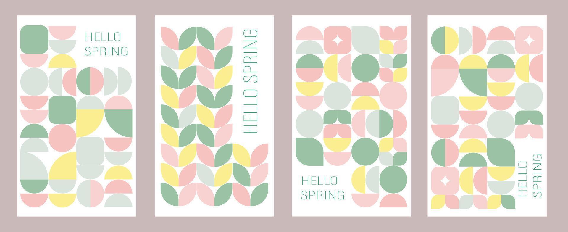 Hello Spring. Nature. Set of spring modern backgrounds with minimalist geometric flowers. four banners with different designs on them vector