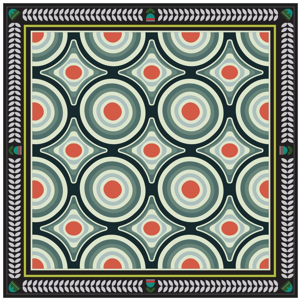 Geometric square scarf print pattern with concentric circles and red dots, framed by a tribal-inspired border. vector