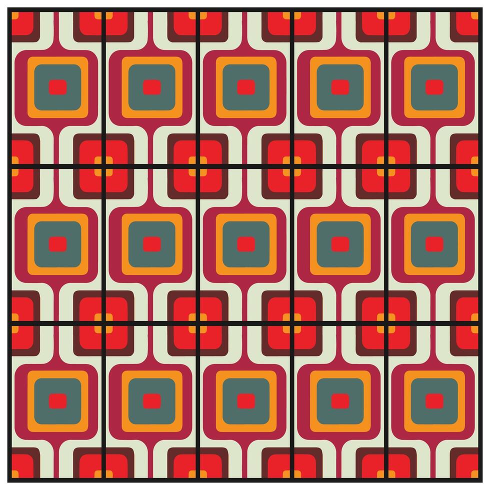 A repeating geometric pattern with squares and flower-like shapes in red, orange, and gray tones. vector