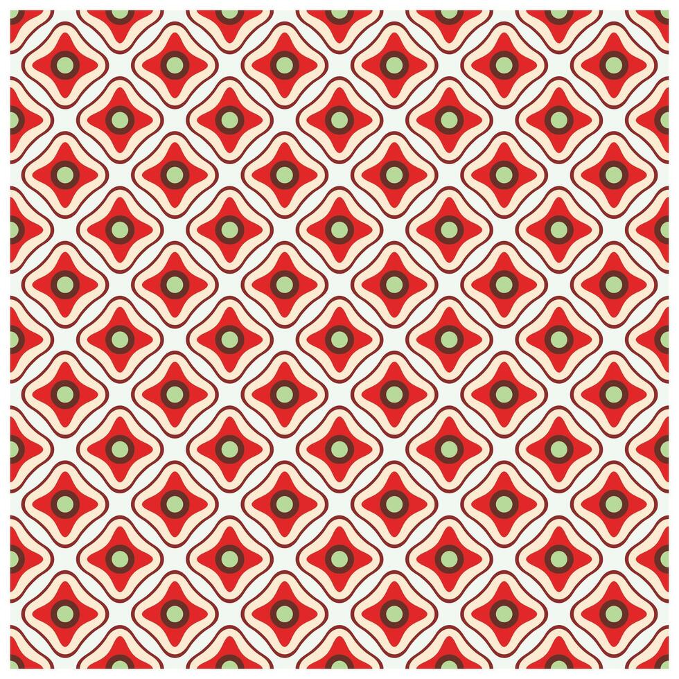 Abstract geometric pattern with repeating red diamonds and green circles on a white background. vector