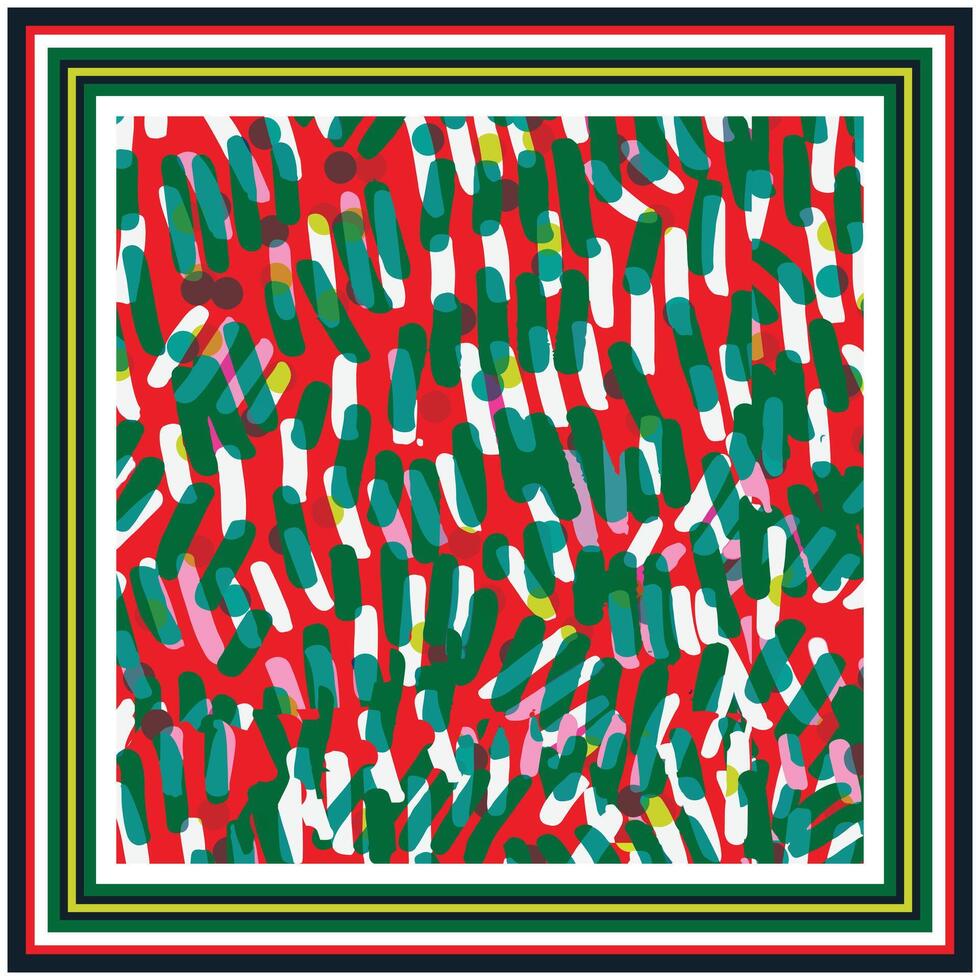 Abstract square scarf, print artwork featuring overlapping green, red, and blue brush strokes within a multicolored frame. vector