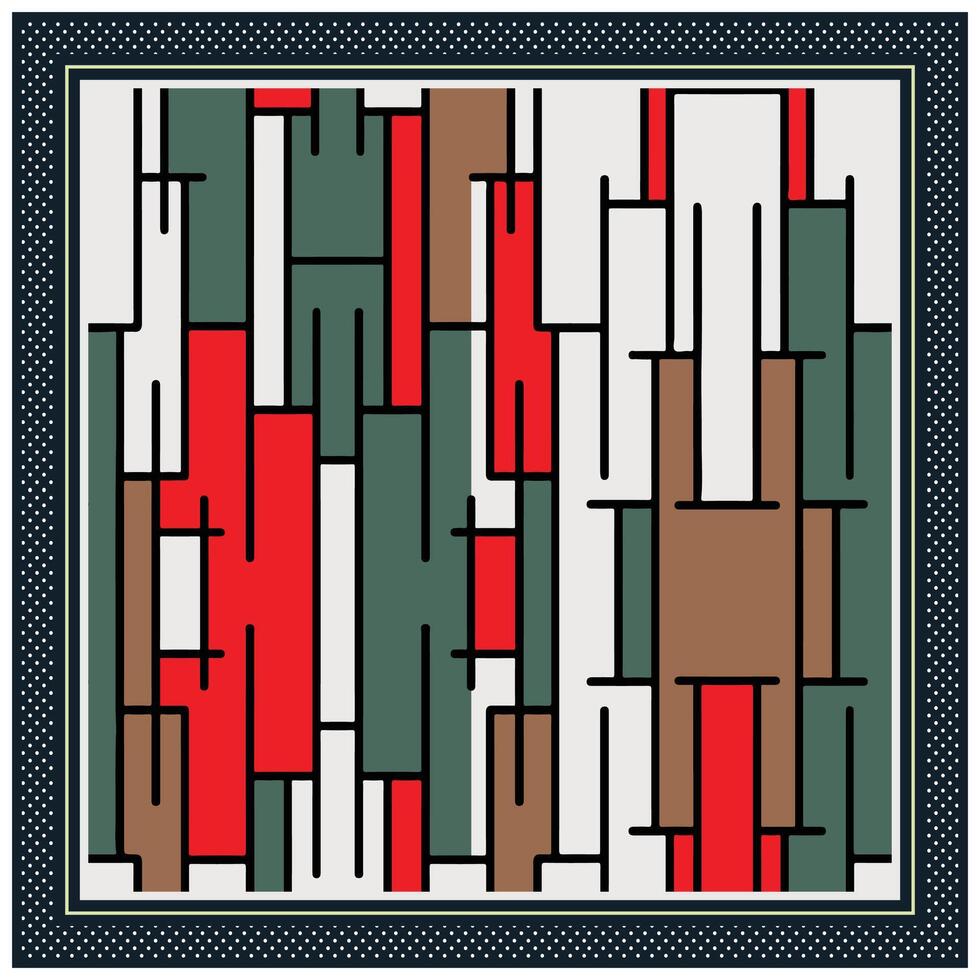 Abstract geometric square scarf print pattern with overlapping vertical rectangles in red, green, brown, and white, framed by polka dots. vector