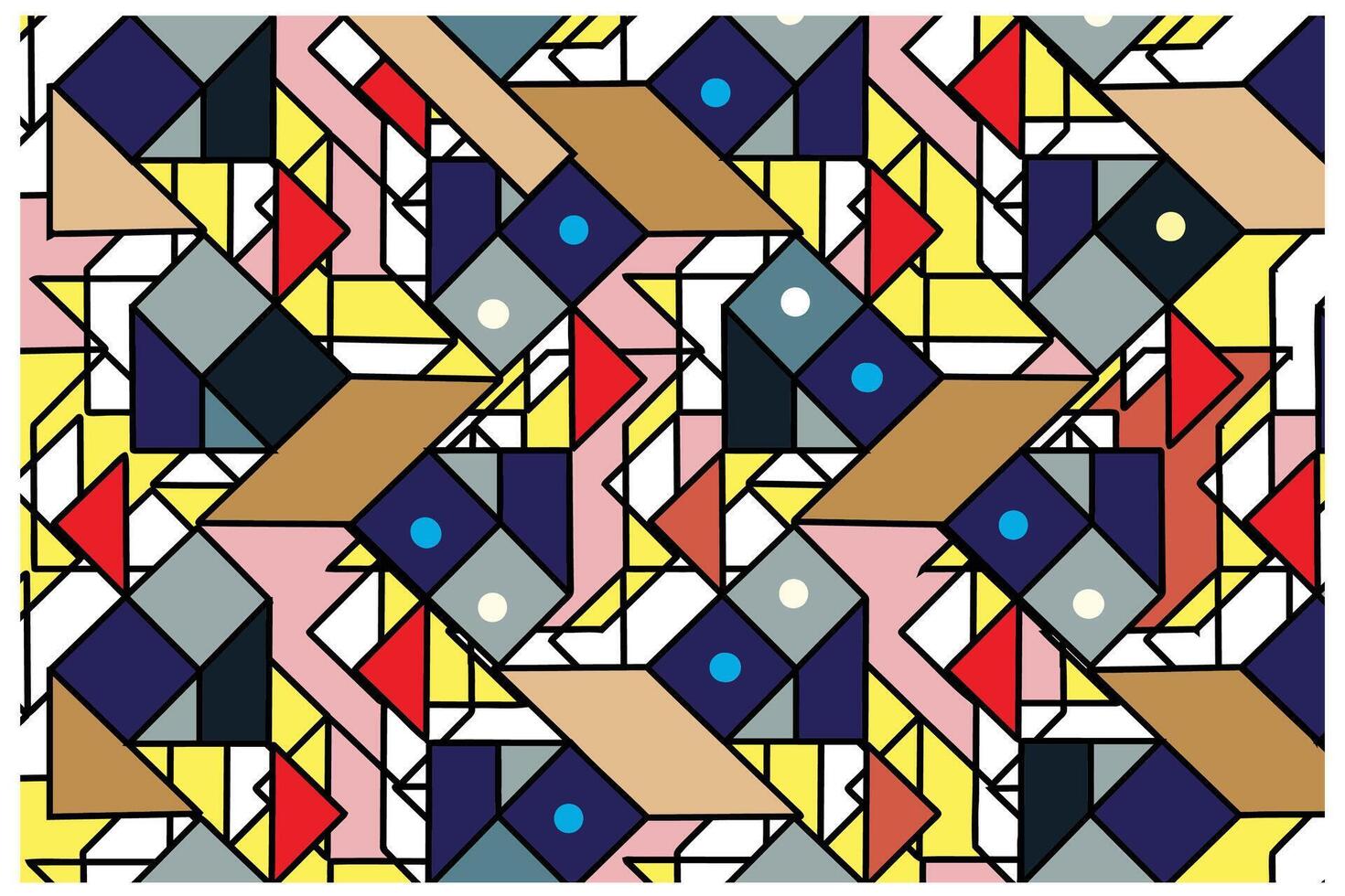 Abstract colorful geometric pattern with triangles and squares, some with textured fills. vector