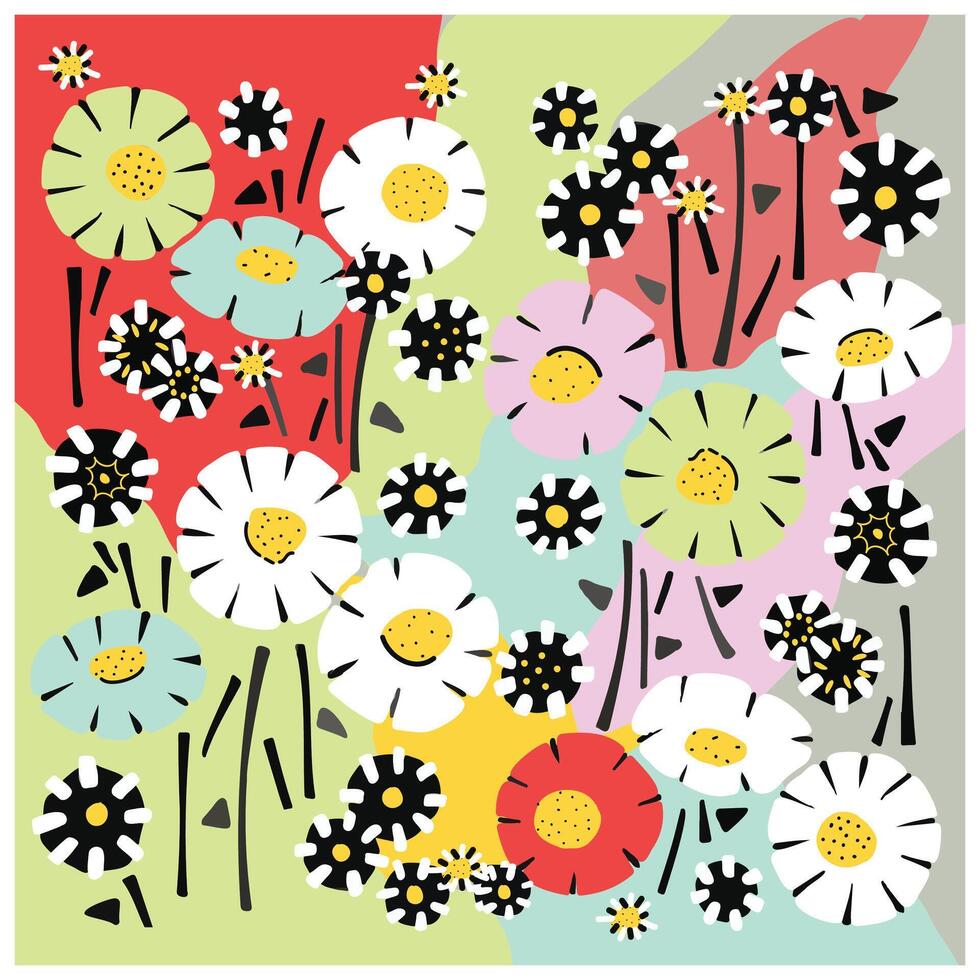 Abstract colorful illustration of various flowers on a multicolored background. vector
