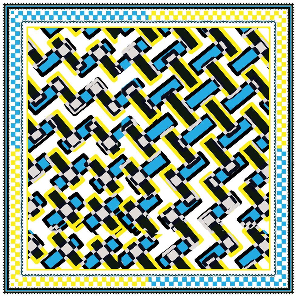 Colorful geometric square print scarf, pattern with zigzag lines in blue, yellow, black, and white with a dotted border. vector