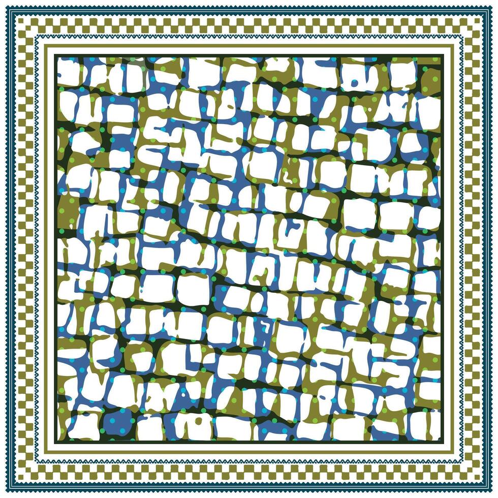 A colorful abstract square scarf, geometric pattern with a decorative border. vector