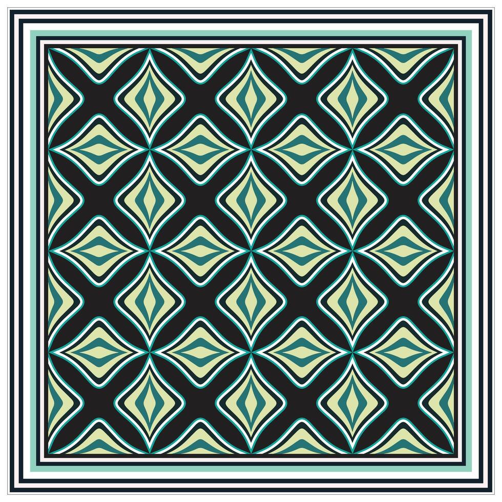 Geometric square print scarf pattern with diamond and hourglass shape in green and beige on a black background. vector