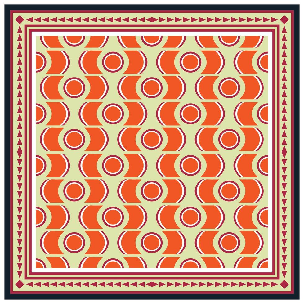 Geometric square print pattern with orange circles on a beige background, framed by a red and navy border. vector