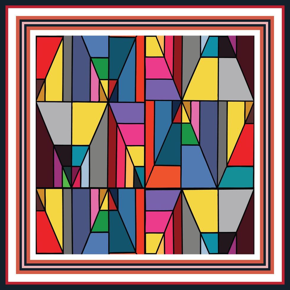 Abstract geometric square print scarf, multicolored stained-glass pattern with a triple-border frame. vector