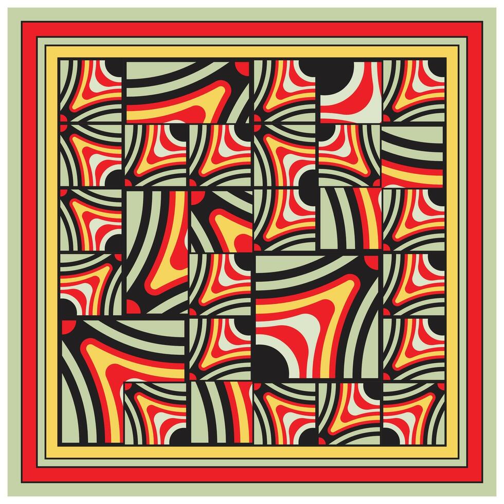 Abstract artwork with repetitive red and black swirl patterns on a cream background, enclosed in a multicolored frame. vector