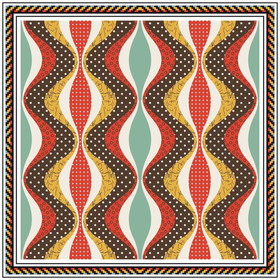 A colorful square print scarf, African print fabric pattern with geometric and organic shapes. vector