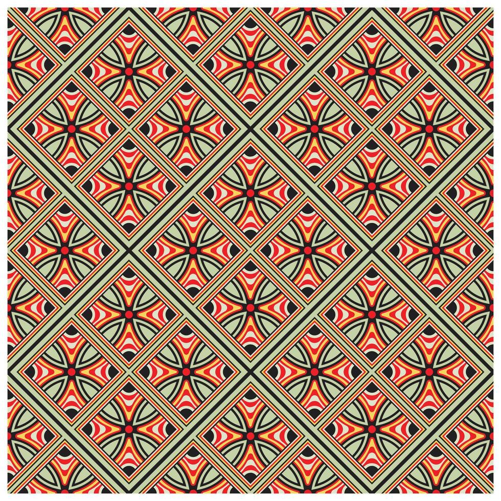 Geometric pattern with red, black, and beige shapes, enclosed in gold lines, creating a diamond motif. vector