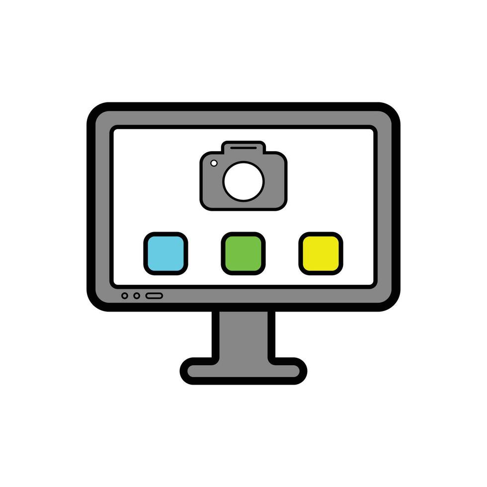 Computer display with camera graphic Icon. vector