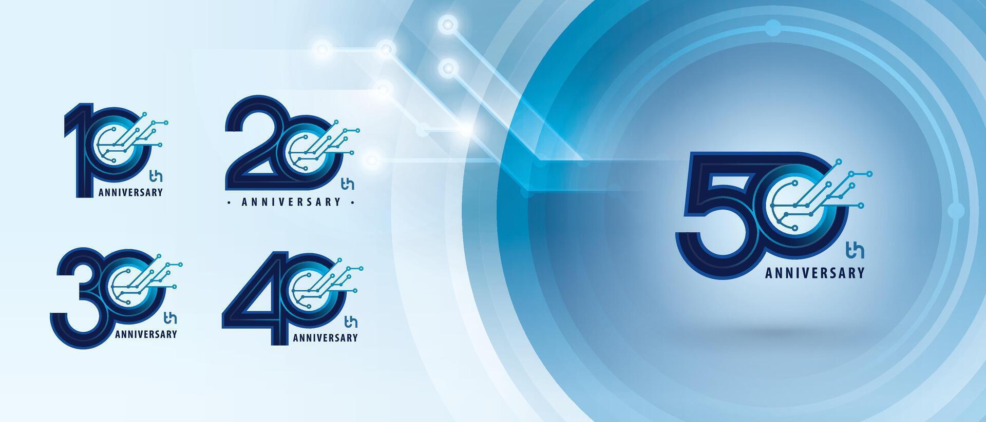 10, 20, 30, 40, 50 year Anniversary Logo, Ten to Fifty years Anniversary Logotype for Celebration, Abstract Connected Blue lines and dots Circuit Board vector