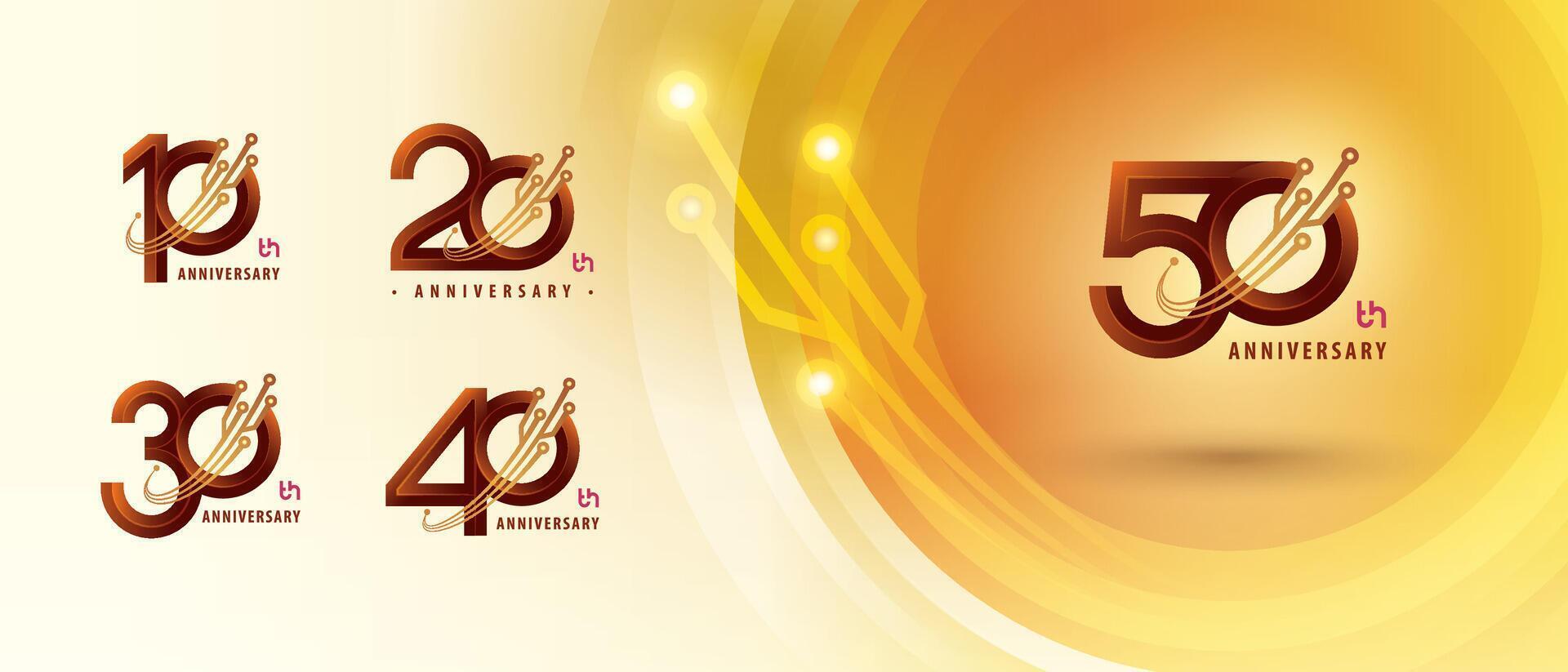10, 20, 30, 40, 50 year Anniversary Logo, Ten to Fifty years Anniversary Logotype for Celebration, Abstract Connected Curved lines and dots Circuit Board vector