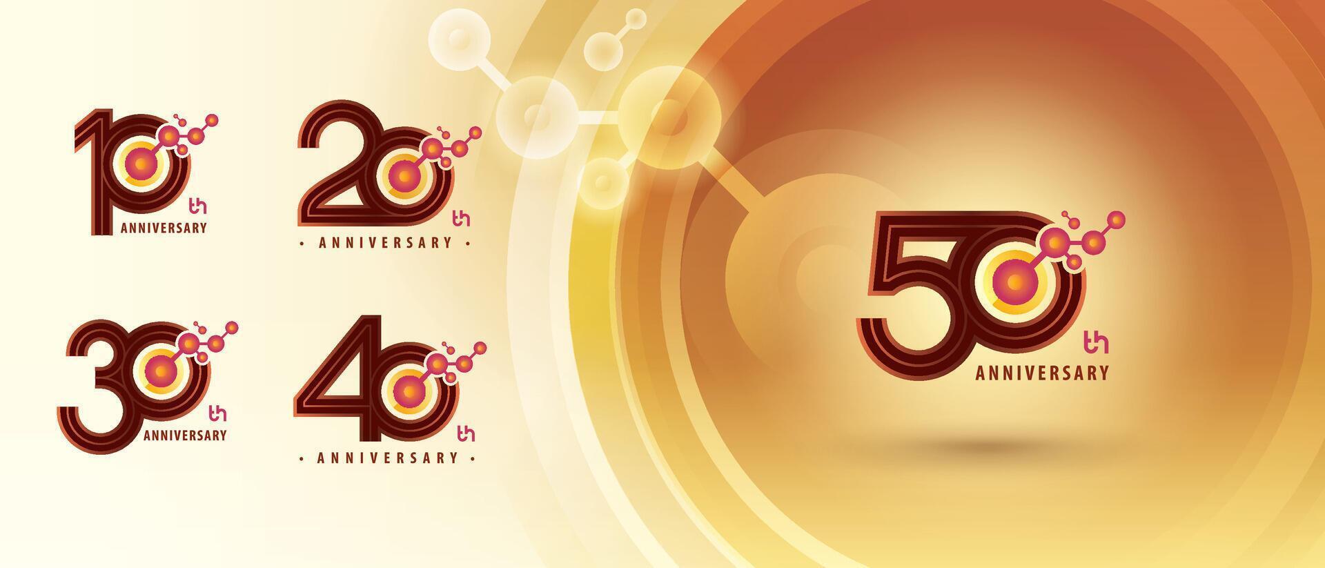 10, 20, 30, 40, 50 year Anniversary logo design, Ten to Fifty years Anniversary Logo for Celebration, Abstract Red Atom Molecular structure particle vector