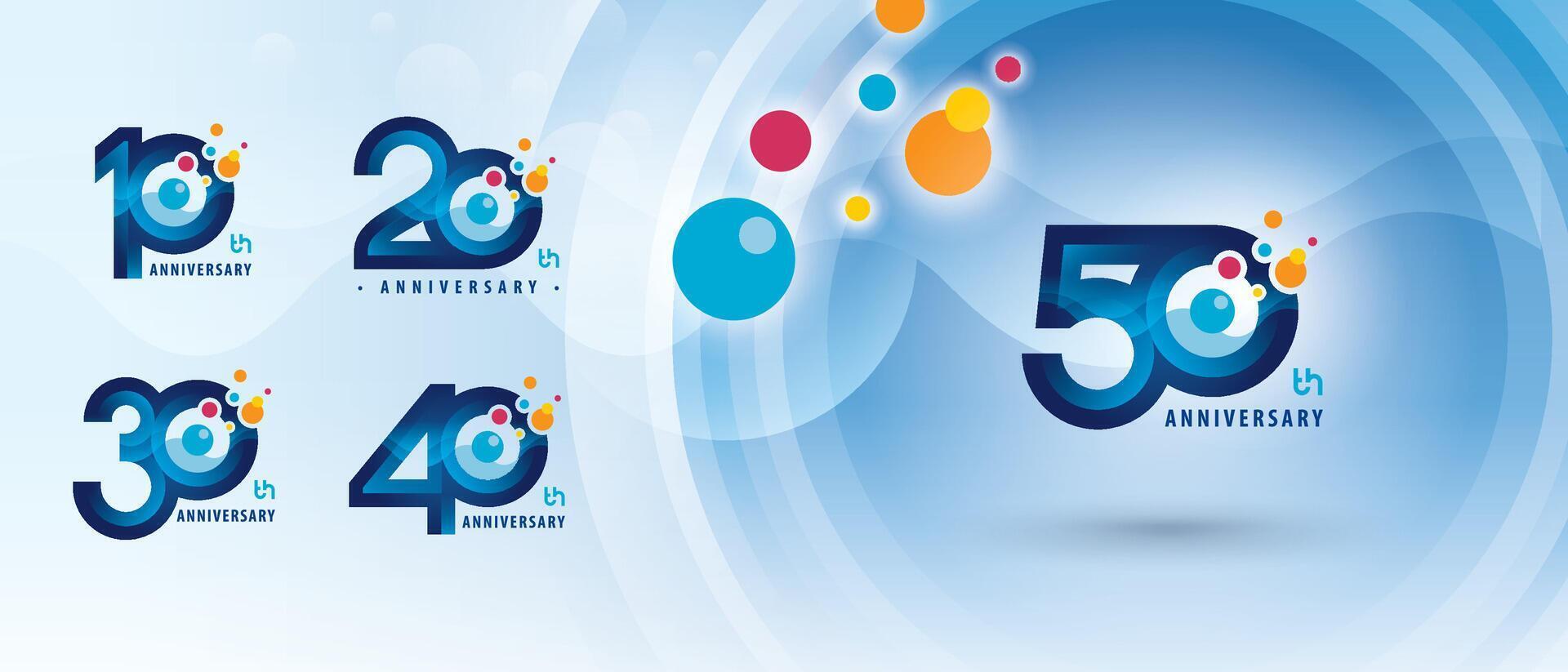 10, 20, 30, 40, 50 year Anniversary logo design, Ten to Fifty years Anniversary Logo for Celebration, Colorful Atom Molecule structure particle vector