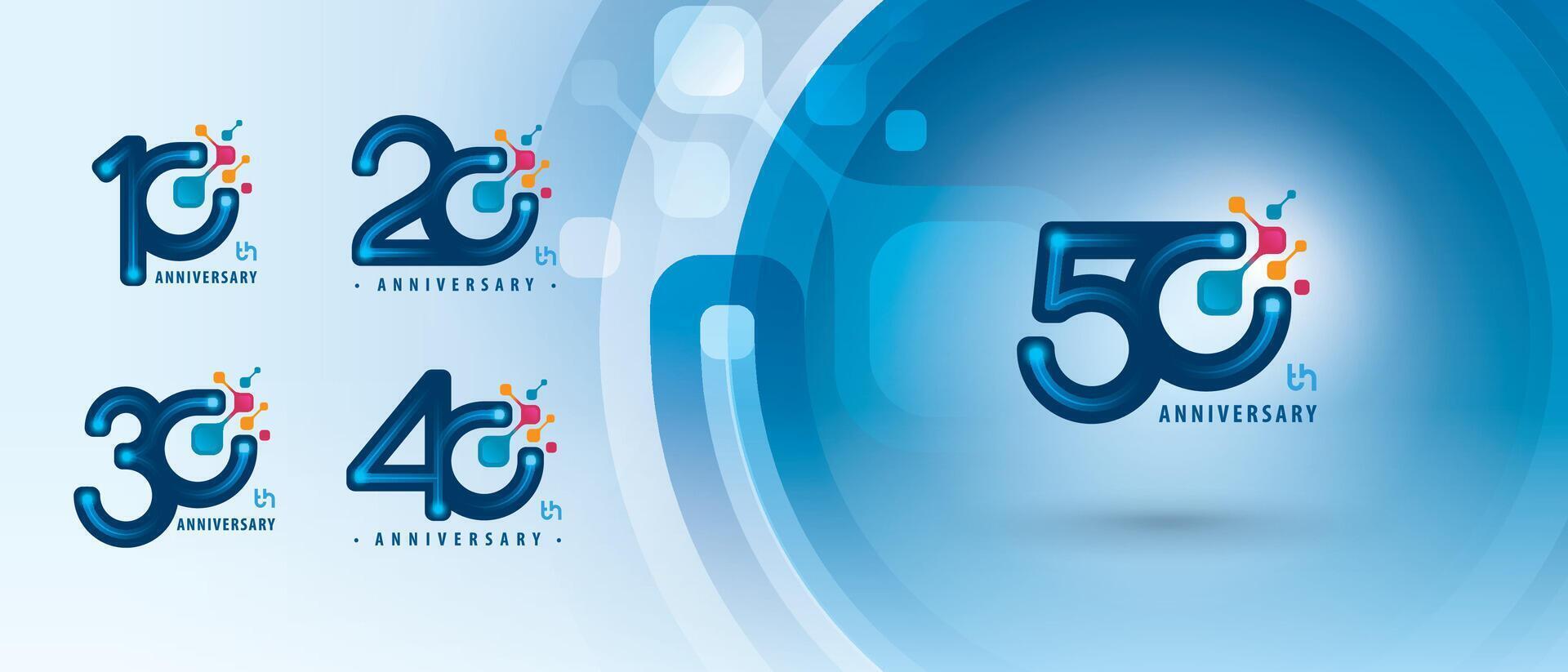 10, 20, 30, 40, 50 year Anniversary logotype, Ten to Fifty years Anniversary Logo for Celebration, Abstract Blue Atoms Molecule structure particle vector