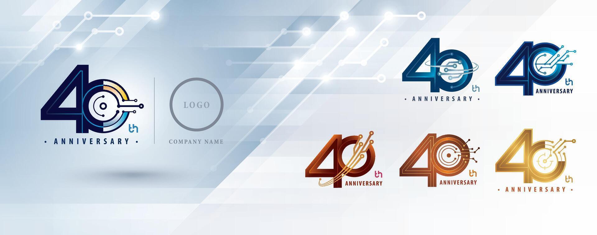 Set of 40th Anniversary logotype design, Forty years Celebrate Anniversary Logo for celebration, Abstract Connected lines and dots Circuit Board vector