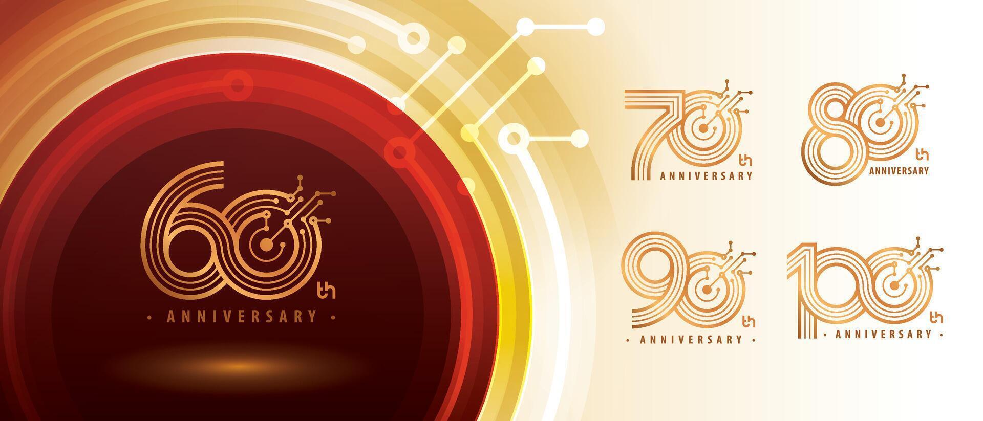 60, 70, 80, 90, 100 year Anniversary logotype design, Sixty to Hundred years Anniversary Logo for Celebration, Connected Gold lines Circuit Board vector